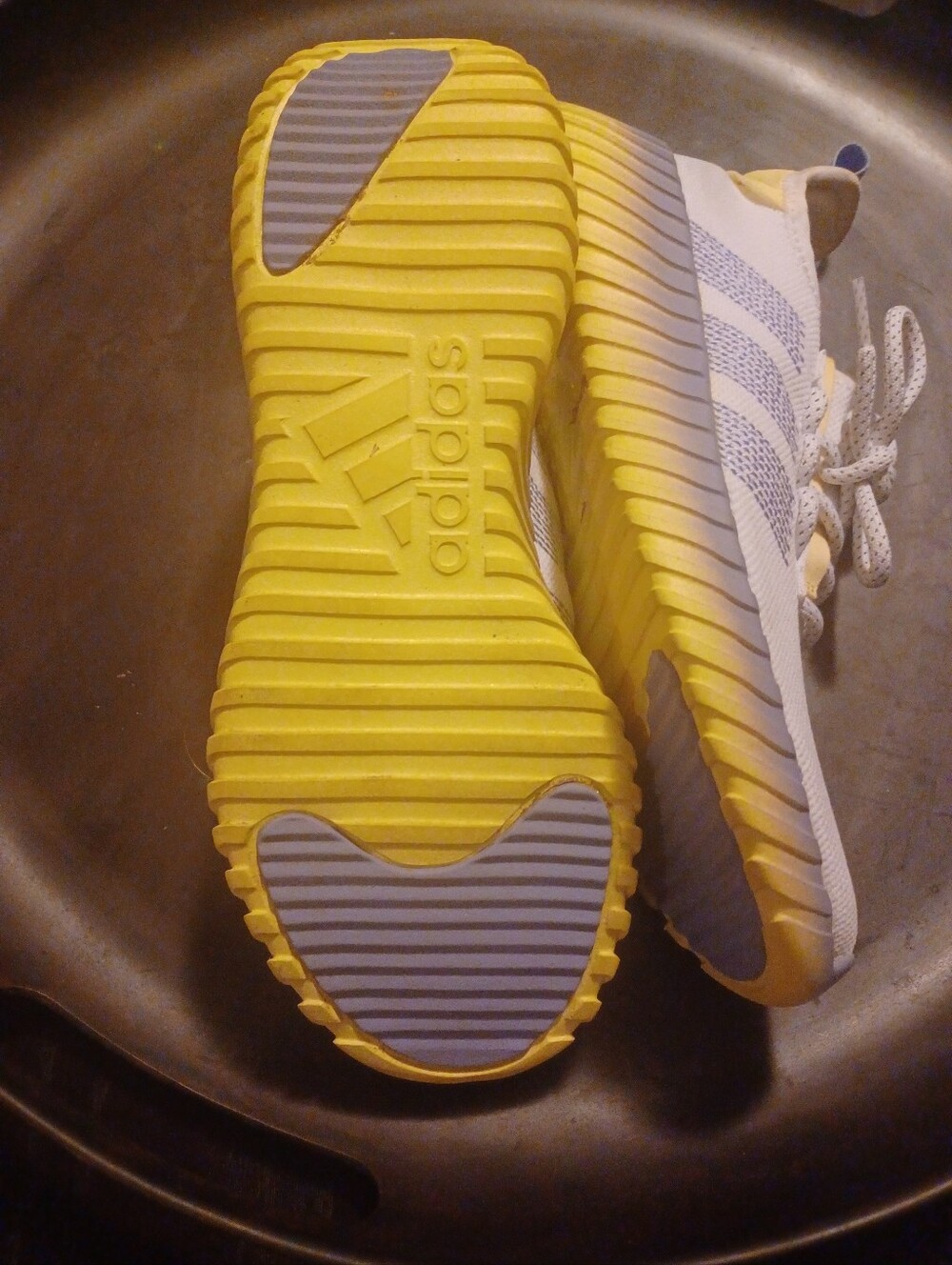 adidas Kaptir Flow White Sneakers w/ Light Blue Stripes and Yellow Gradient Sole - Picture 8 of 11